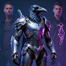 fantasy exoskeleton armor, realistic anthropomorphic crow with a visible beak. neon, science fiction, light, portrait by donato giancola and greg rutkowski and wayne barlow. 1 9 6 9