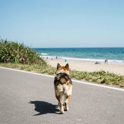 color photo, view from behind, a dog walking on the road near the beach, summer, photograph magazine