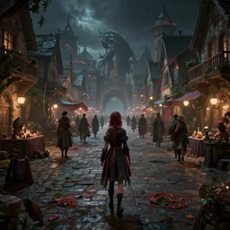 by oka yasutomo and anna dittmann, visually stunning, cinematic, ultra realistic, hyper realism, 1 2 k, epic, octane render, unreal engine, vfx, maya, a dungeons & dragons town square in a festival day, in city street at night, bizarre compositions, exquisite detail, extremely moody lighting, a thread knot girl