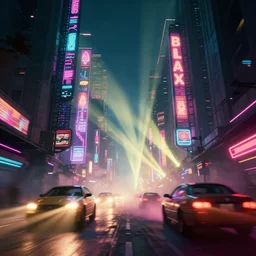 a 3 d rendered in unreal engine guatemalan cyberpunk city with neon ads and signs with evocative dramatic mood with blade runner vibe with cars with motion blur with depth of field with bloom with lightshaft with volumetric lights, fog, by scott robertson, oscar winning graphics, photo realistic, bloom, imax, dynamic lighting, artstation,