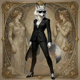 full body photograph of a female albino anthropomorphic wolf fursona wearing a black suit and sunglasses, deep focus, intricate, elegant, highly detailed, digital painting, artstation, concept art, matte, sharp focus, illustration, d & d, fantasy, hearthstone, art by artgerm and greg rutkowski and alphonse mucha