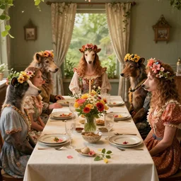 a table dinner of animals where animals are dressed like the characters from the midsommar movie wearing flowers, realistic detailed digital art by maxwell boas jessica rossier christian dimitrov anton fadeev trending on artstation cgsociety rendered in unreal engine 4 k hq