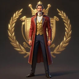 centered detailed full body character concept of a distinguished gentleman with a salt and pepper goatee, realistic character concept, elegant proportions, vibrant colours, elegant pose, fantasy, illustration, slender symmetrical face and body, artstation, cinematic lighting, hyperdetailed, cgsociety, 8k Resolution, high resolution, Charlie Bowater, Tom Bagshaw, Tom Richmond, insanely detailed and intricate, beautiful, elegant, golden ratio, royal insignia in background