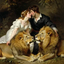 a couple in love feeding the lions, highly detailed painting by gaston bussiere, craig mullins, j. c. leyendecker