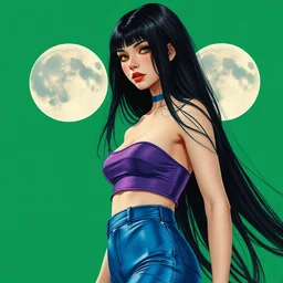 girl, longest black hair, blue latex pants, purple croptop, two moons, acid green background. highly detailed, digital painting, watercolor, soviet realism, engraving, artstation, smooth, sharp focus, vivid grunge, manga, unreal engine 5, art by bilibin and kilian eng and kuvshinov and malevich and mucha