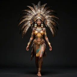 character design, aztec warrior goddess with beautiful woman face, crown of very long feathers, full body, glowing aztec tattoos, beautiful, dark fantasy,