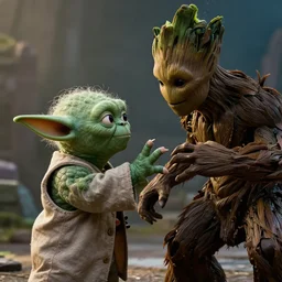 yoda and groot fighting, slow mo, dramatic, lighting contrast depth of field, trending on artstation