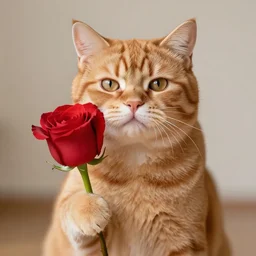 a ginger cat holding a rose with paw