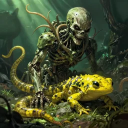 pixiv, gruesome, sci - fi, polychaeta, undead cyborg head, doom, newt, yellow, green