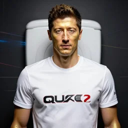 robert lewandowski as play football, quake 2 logo on the tshirt in toilet, photorealistic face, golden skin, dark background, lasers