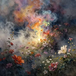 an intricate watercolour of dreams, blossom, flowers, lights, colored smoke, prismatic, cinematic dream sequence, hazy, mists clouds, soft focus, artstation, in the style of delphin enjolras.