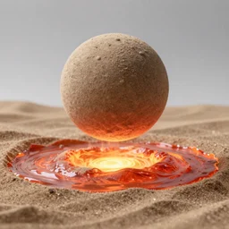 A sphere made of sand levitating over a big puddle filled with glowing lava