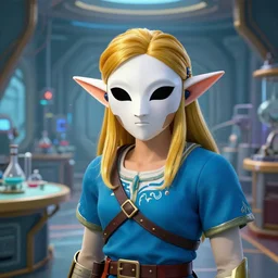 the legend of zelda majora's mask concept art beautiful majoras mask, futuristic laboratory background interior, table with laboratory equipment, art by charles liu, portrait shot, neutral face expression, fantasy style, soft lighting, vibrant color scheme, portrait, ultra detailed, volumetric lighting, octane render, commission art, 8 k wallpaper