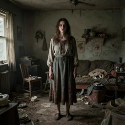 a woman with stands in her messy house. folk horror. detailed.