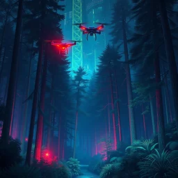 a deep forest landscape dan mumford and josan gonzalez and simon stalenhag, cyberpunk, vibrant, dystopian, police drones, neon signs, high contrast