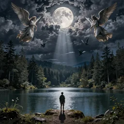 wanderer, lake, forest, dark clouds, angels, demons, moon, nightsky, moonrays, shadows, high detail, gorgeous view, depth, illustration by Gustav Doré