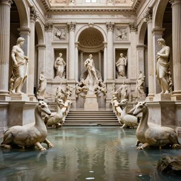 photo piranessi symmetry flooded connected neoclassic majestic halls and beautiful human statues myriad of huge marble staircases minotaur gods pelicans helenistic classic statues sculptures decrepit derelict abandoned flooded water damage