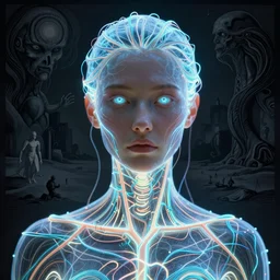 portrait of a woman, glowing veins, plastic, glowing eyes, flat background, Masterpiece, glowing, wires everywhere, by Edgar Maxence and Ross Tran, Zdzisław Beksiński, and Michael Whelan, distant, gustav dore, H.R. Giger, 8k, octane render