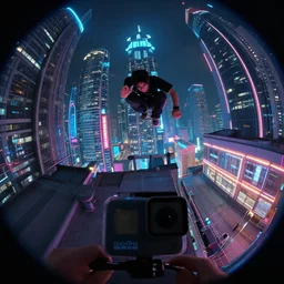 First person GoPro headcam footage. Parkour through a neon sci-fi city. Limbs in view. Fisheye lense photograph.