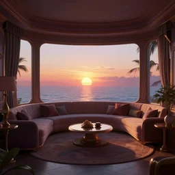 retro virtual interior, crisp, artstation, luxury, beautiful, dim painterly volumetric aquatic sunset lighting, 3 d concept art