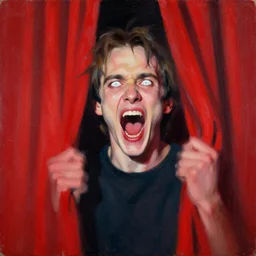 dale cooper doppelganger, screaming, WHITE EYES! red curtains, painting by phil hale, 'action lines'!!!, graphic style, visible brushstrokes, motion blur, blurry