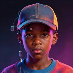 colourful vfx portrait - art of an african boy wearing a baseball cap with wires and computer chips dangling from its inside, art by hsiao - ron cheng, volumetric light, dramatic lighting, ray tracing, digital painting, digital illustration, unreal engine render, sharp, intricate detail, behance, artstation, pinterest,