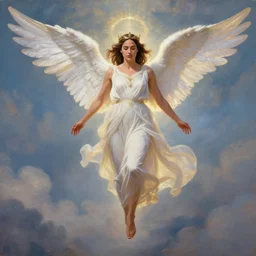 Full body photo of the beautiful woman Gal Gadot as an angel, she is coming down from the clouds, she has a crown, there is a glow coming from her, she is getting ulluminated from the sky, the photo was taking by Annie Leibovitz, matte painting, oil painting, naturalism, 4k, 8k