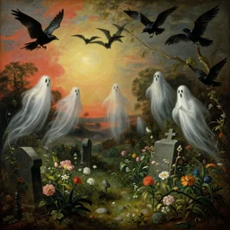 'Life from death' An aesthetic horror baroque landscape painting depicting 'A graveyard with plants and flowers growing, ghosts + bats and crows  flying around' by Jan Brueghel the Elder, Trending on cgsociety artstation, 8k, masterpiece, cinematic lighting, vibrant colors.