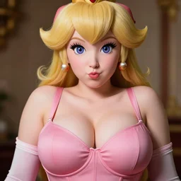 a closeup, 5 5 mm, detailed photograph hyper realistic princess peach portrait, tight push up bra, really large bust, with a pouting smile, ambient light, 4 5 mm, by franz lanting