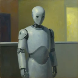 judgemental robot butler, dystopian, pj crook, edward hopper, oil on canvas