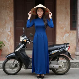 a photo of a tall thin beautiful vietnamese girl in an ao dai dress and a conical hat standing in front of a motorcycle in the style of Dan Hecho