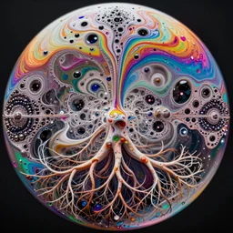 close up circular border with abstract symmetrical designs deep colorful soap bubble, concept art, nature, fractals, depth of field, roots, fluid simulation in houdini, subsurface scattering, volumetric, very detailed, trending on artstation, rendered in octane, cgsociety