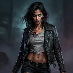 epic professional digital airbrushed portrait art of an attractive and athletic, fit, East Indian supermodel emo female zombie wearing a slightly torn tee shirt under a leather jacket, with deep green eyes, scary portrait, walking dead, best on artstation, cgsociety, wlop, Behance, pixiv, cosmic, epic, stunning, gorgeous,, masterpiece by Dorian Cleavanger and Stanley Lau