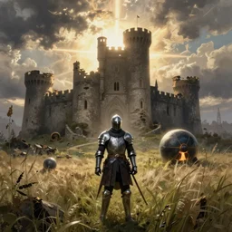 dark souls, knight, castle ruined, high grass field, nuclear bomb, by caspar david friedrich