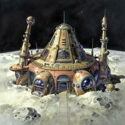 a panorama illustration of a futuristic moonbase by studio ghibli, watercolors