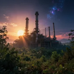 industrial architecture by stanley spencer, apocalyptic morning sun wilderness fisheye at dawn at summer sunset cosmic landscape nature at dusk forest magic realism dramatic lighting cyberpunk postcyberpunk steampunk sunlight vaporwave neon noir nightsky biopunk sci - fi, archdaily, wallpaper, highly detailed, trending on artstation.
