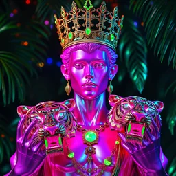 photo of baroque and bladerunner delicate neon emerald sculpture of seductive prince adrien sahores pink iridescent humanoid deity wearing metallic jungle leaves, crystal tigers, glowing rainbow lights, crown made of hands, cinematic lighting, photorealistic, octane render 8 k depth of field 3 d