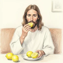 skech portrait from jesus sits in a living room while he eats lemons, crayon pencil sketch