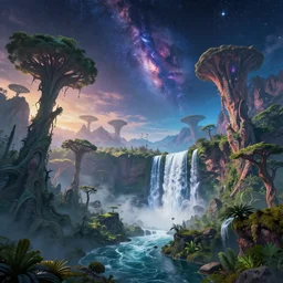 an alien landscape view, alien sky, star in the sky, alien waterfall, weird alien trees, alien mountains, epic composition, colorful, 4 k, detailed, realistic