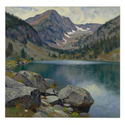 a painting of a mountain lake surrounded by rocks, a gouache by svetoslav roerich, trending on pexels, hudson river school, henry moore, matte painting, landscape