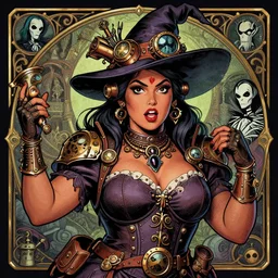 a detailed portrait illustration of a steampunk sorceress - acrobat - witch. beautiful indian female face, provocative expression. chubby, fat. art nouveau, pop art, comic book style. influenced by neil gaiman, tim burton, dan mumford, the dark crystal, vadim voitekhovitch, android jones, ross tran.