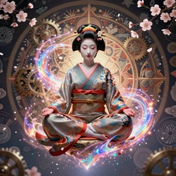 a portrait of geisha, floating and meditating!!!!, centered in the frame, surrounded by japanese patterns! and mandalas and cherry blossoms and metal gears and swirling bioluminescent energy!!!!!!!!!, art by peter mohrbacher and dan mumford, 8 k octane render, hyperrealistic, zbrush