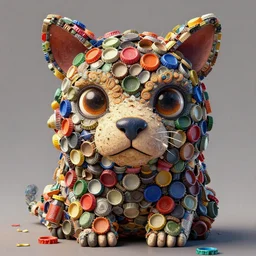 stylish colourful caricature - 3 d vfx art - of a animal made of bottlecaps, art style by zdzisaw beksinski & hsiao - ron cheng, character concept art, unreal engine render, digital illustration, sharp, intricate detail, volumetric light, ray tracing, soft light, claymation style, symmetric, acrylic on canvas, pinterest, artstation,