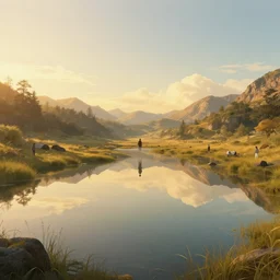 symmetry!! surreal landscape of a dream, lucid dream, people, very detailed, serene, peaceful, golden hour, perfect lighting, perfect composition, digital art, illustration, tim white, artgerm 4 k