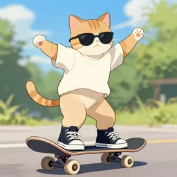 a cat standing on its back legs, wearing high top sneakers and sunglasses, riding a skateboard, anime style