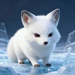 white furred vulpix frowning frozen in an ice floe, intricate, synthetic fur, closeup, 4 k, artstation, digital illustration by ruan jia