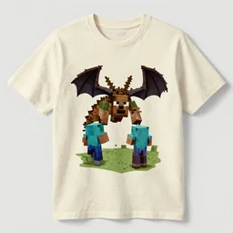 A photo of someone, fighting the Ender dragon in Minecraft, printed on a cream linen t-shirt