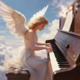 angel play on piano in sky, unreal engine, digital, artstation, detailed intricate illustration, heavenly atmosphere, digital art, overdetailed art, concept art, complementing colors, trending on artstation, cgstudio, the most beautiful image ever created, dramatic, subtle, details, award winning artwork, beautiful scenery