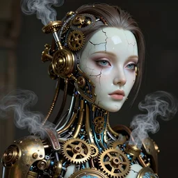 Portrait of a beautiful steampunk female android, cracked porcelain face, steam, exposed inner gears, high detail, realistic octane render