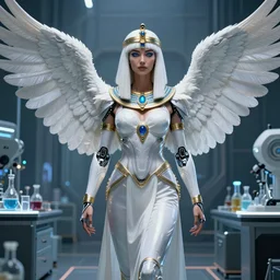 perfect white haired attractive egyptian goddess with huge white dove wings, warframe armor, beautiful, symmetric, charlize theron, half asian, pretty face, blue eyes, scifi platform, laboratory, experiment, 4 k, ultra realistic, epic lighting, android body, illuminated, cinematic, masterpiece, art by akihito tsukushi, voidstar